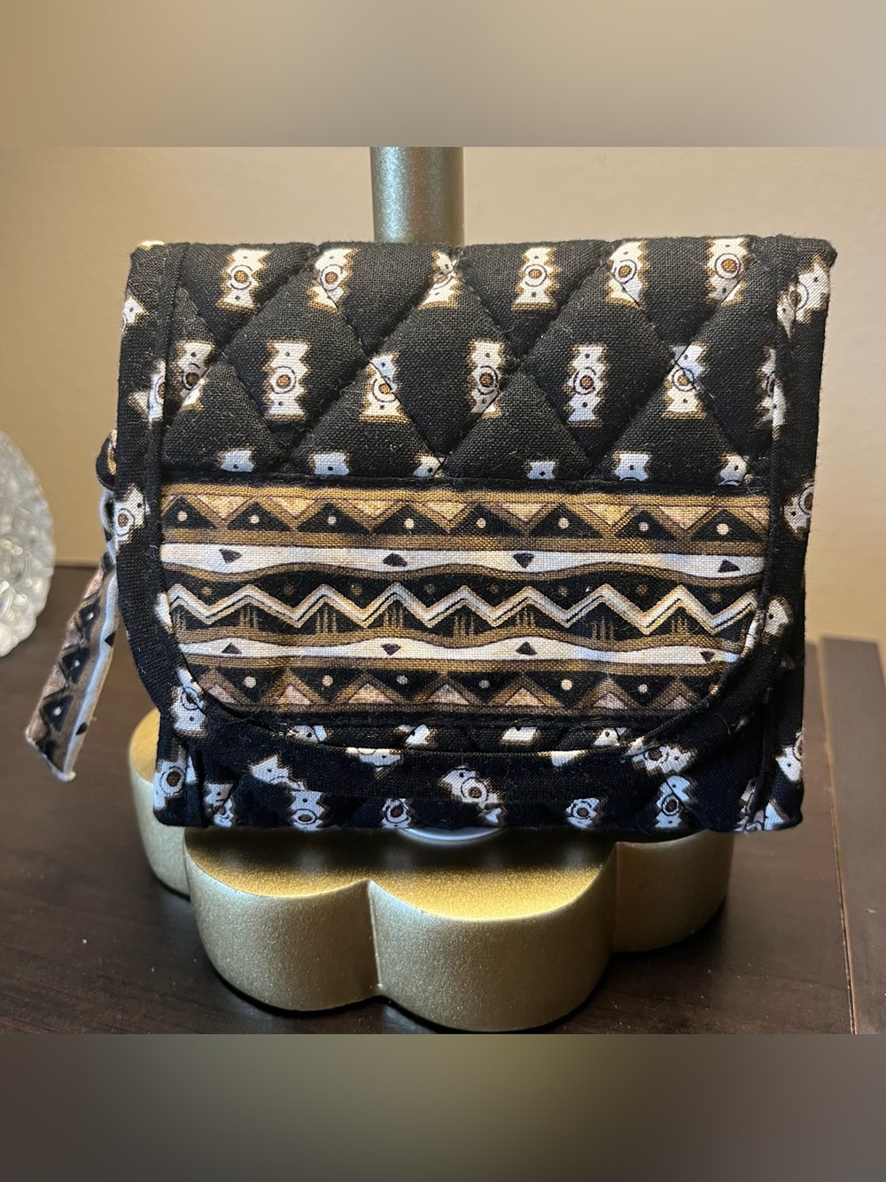 Vera Bradley Y2K Black Quilted Wallet with Cream & Gold Geometric Print like new